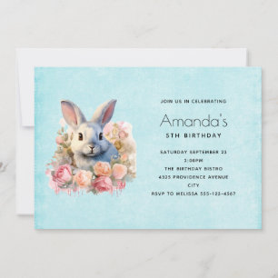 Invitation Lapin avec une guirlande de roses Joyeux Anniversa