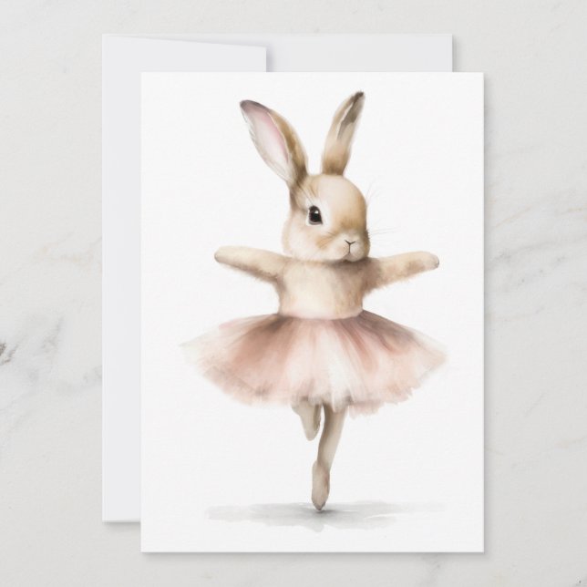 Invitation Lapin ballerine à l'aquarelle dansant rose chamois (Devant)