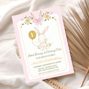Invitation Lapin blanc rose vintage 1er anniversaire