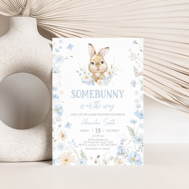 Invitation Lapin bleu Assez Baby shower (Blue Somebunny Rabbit Baby Shower Invitation)