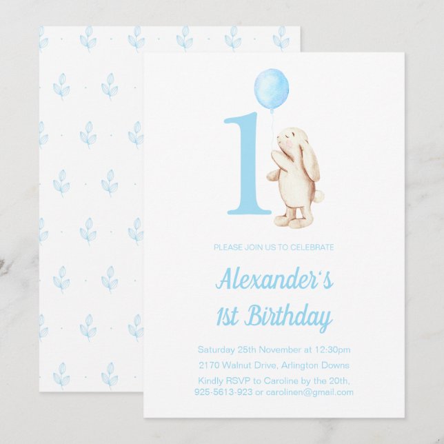 Invitation Lapin Cute et Balloon Bleu 1er anniversaire (Devant / Derrière)