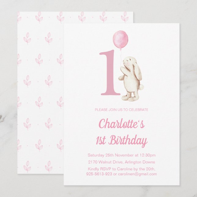 Invitation Lapin Cute et Balloon rose 1er anniversaire (Devant / Derrière)