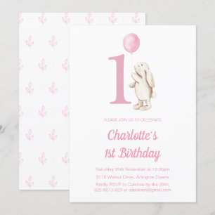 Invitation Lapin Cute et Balloon rose 1er anniversaire