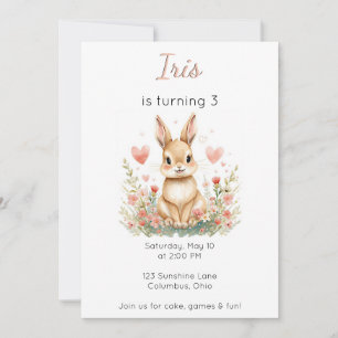 Invitation Lapin d'anniversaire aux coeurs roses floraux d'an