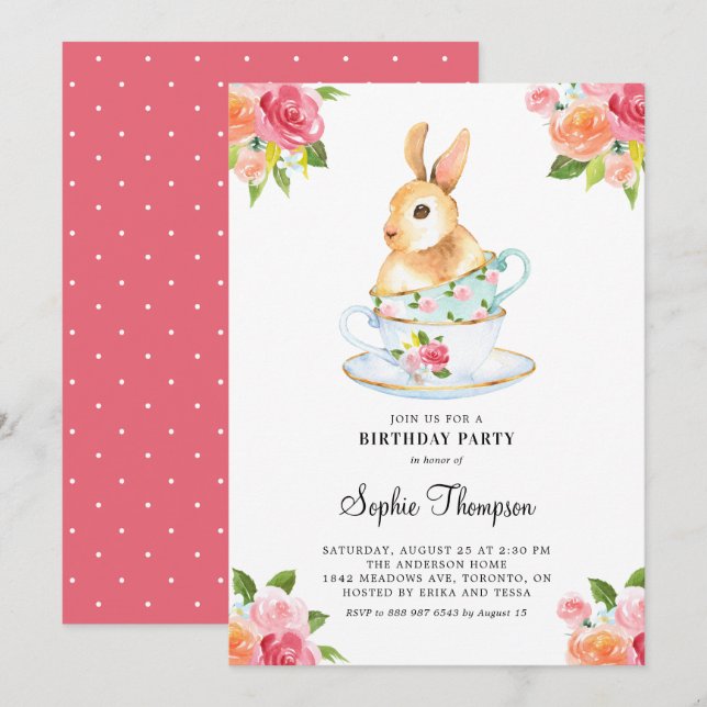Invitation Lapin d'aquarelle sur les Tea-ups Anniversaire Tea (Devant / Derrière)