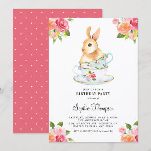 Invitation Lapin d'aquarelle sur les Tea-ups Anniversaire Tea