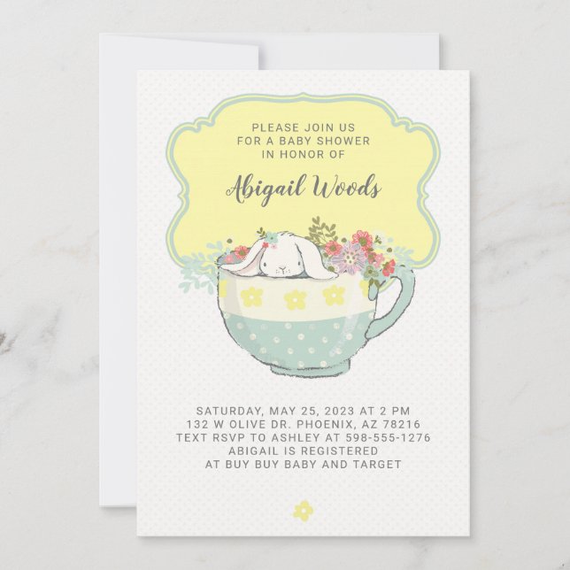 Invitation Lapin de blanc de thé de baby shower (Devant)