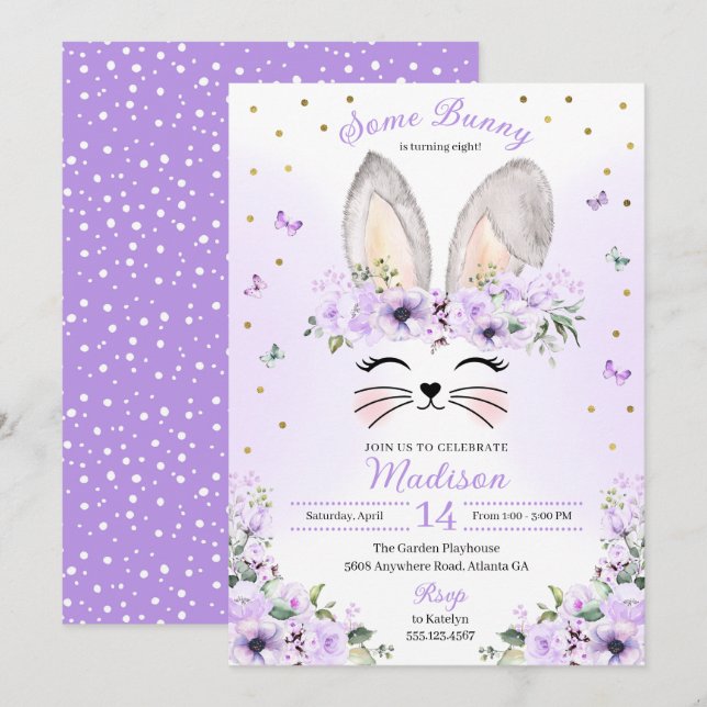 Invitation Lapin de la Couronne de fleurs violettes Oreilles  (Devant / Derrière)
