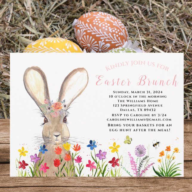 Invitation Lapin de Pâques aquarelle Œufs Brunch Floral (Créateur téléchargé)