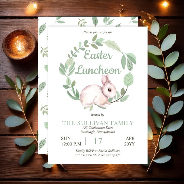 Invitation Lapin de Pâques Couronne Florale Sauge  (Cute Easter Bunny Rabbit and Eucalyptus Wreath Sage Green Easter Luncheon Invitation - Print | Digi)