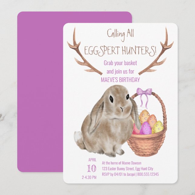 Invitation Lapin de Pâques et Oeufs Chasseurs d'Eggspert Anni (Devant / Derrière)