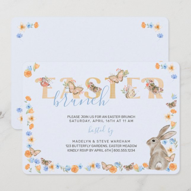Invitation Lapin de Pâques et papillon Brunch Floral doux (Devant / Derrière)