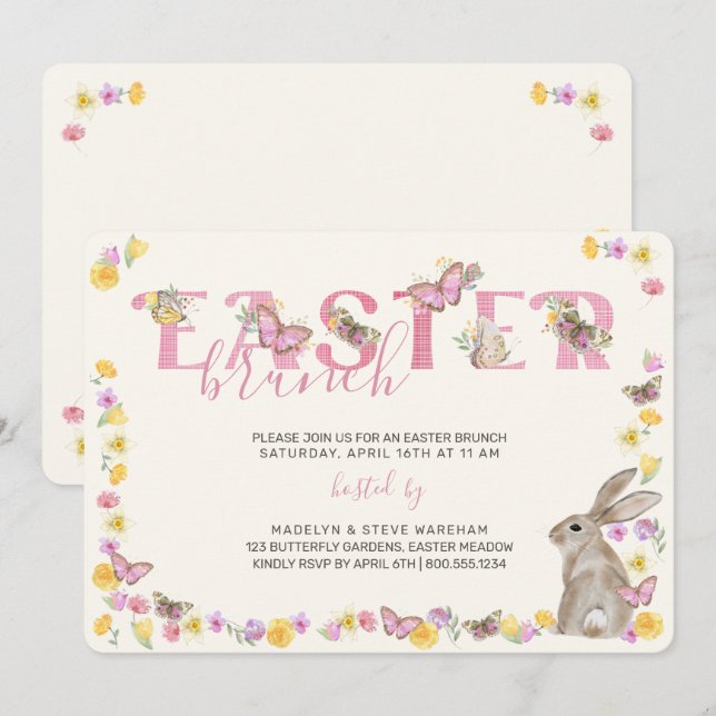 Invitation Lapin de Pâques et Papillon Dainty Brunch floral (Devant / Derrière)