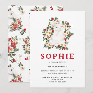 Invitation Lapin d'hiver Floral Fête d'anniversaire