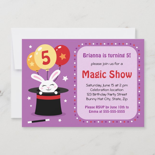 Invitation Lapin en fête d'anniversaire de spectacle de magie (Devant)