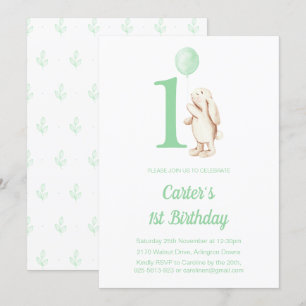 Invitation Lapin et Balloon Vert 1er Anniversaire
