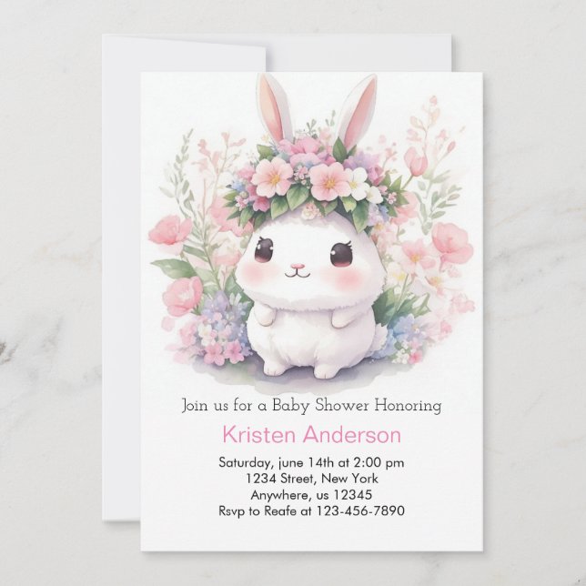Invitation Lapin et fleurs bébé fille douche (Devant)
