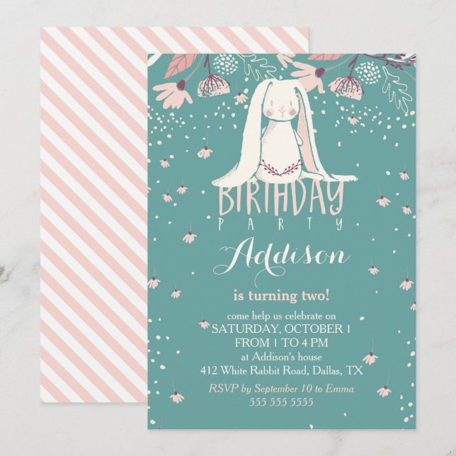 Invitation Lapin et fleurs blancs anniversaire de enfant rose (Devant / Derrière)