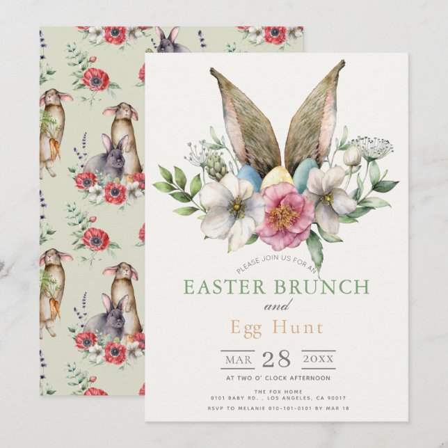 Invitation Lapin Floral Oreille Pâques Brunch & Chasse aux Oe (Devant / Derrière)