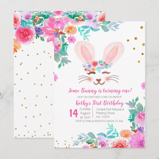 Invitation Lapin Floral Rose Doux 1er anniversaire (Devant / Derrière)