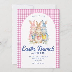 Invitation Lapin floral rose et bleu aquarelle Gingham Pâques