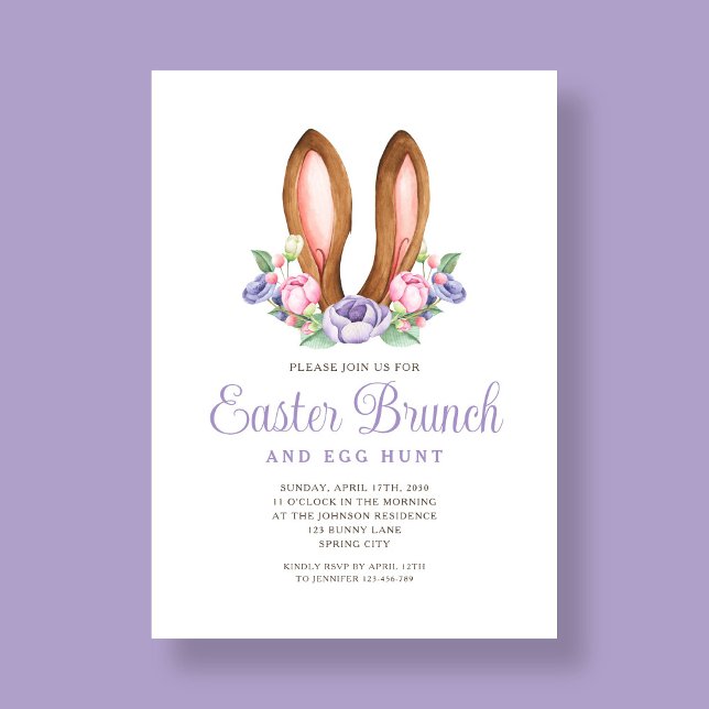 Invitation Lapin Floral Violet Oreilles Pâques Brunch (Purple Floral Bunny Ears Easter Brunch Invitation)