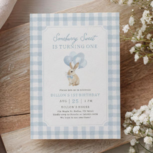 Invitation Lapin Gingham Bleu Premier Anniversaire
