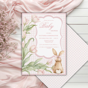 Invitation Lapin gingham rose Tulipes Vintage Baby Shower 