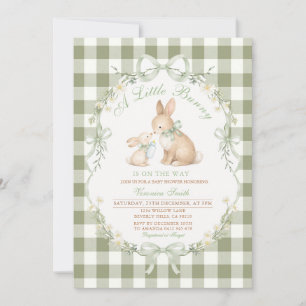 Invitation Lapin Gingham Vert Sauge Baby Shower Neutre