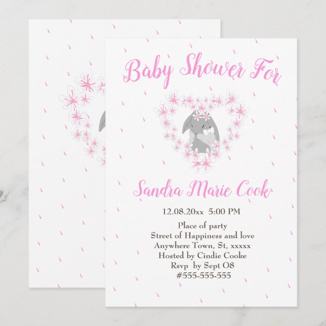 Invitation Lapin Lapin Baby shower fille rose (Devant / Derrière)
