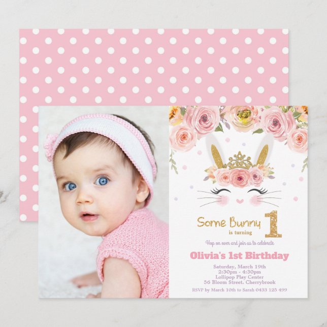 Invitation Lapin Lapin Cute Floral 1er Anniversaire Photo (Devant / Derrière)