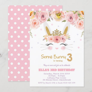 Invitation Lapin Lapin Cute Lapin Floral Rose 3e anniversaire