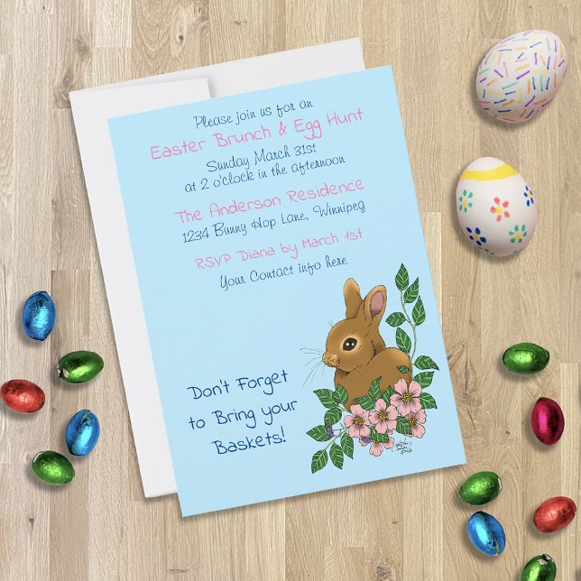 Invitation Lapin Lapin Fleurs roses Pâques (Créateur téléchargé)