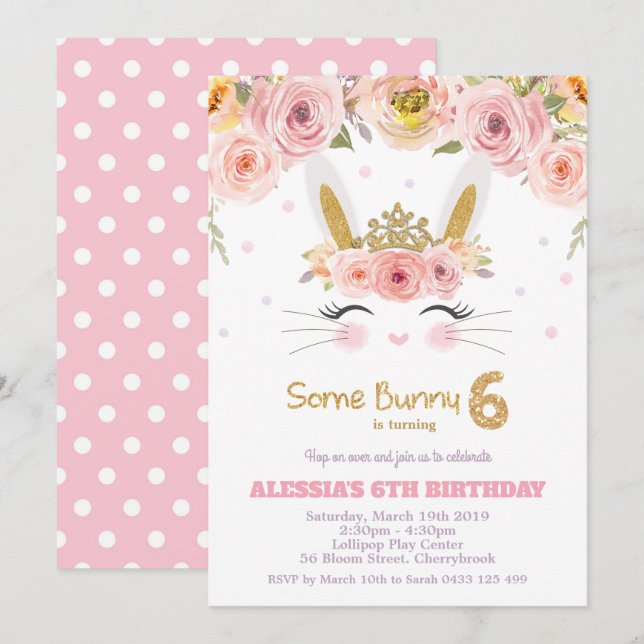 Invitation Lapin Lapin Lapin, 6 Anniversaire de la petite fil (Devant / Derrière)