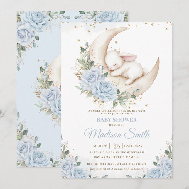 Invitation Lapin Lapin Lune Bleu Doux Baby shower Floral Garç (Devant / Derrière)