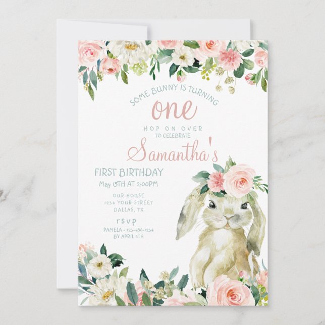 Invitation Lapin Lapin Printemps Floral Fille 1er anniversair (Devant)