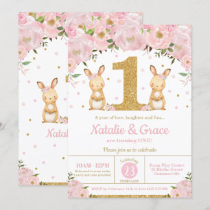 Invitation Lapin Lapin Twin Girls 1er Anniversaire Fête Twins