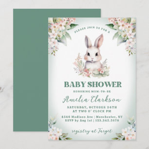 Invitation Lapin Lapin Vert Doux & Baby shower Floral