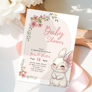 Invitation Lapin Mignon aux Fleurs Sauvages et Ruban Rose pou