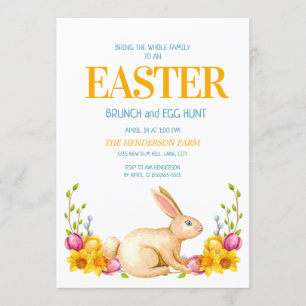 Invitation Lapin Mignon Fleurs Jaunes Pâques Petit Déjeuner C