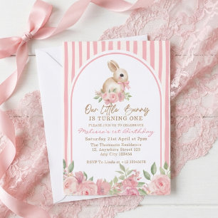 Invitation Lapin miniature floral rose qui fête son premier a