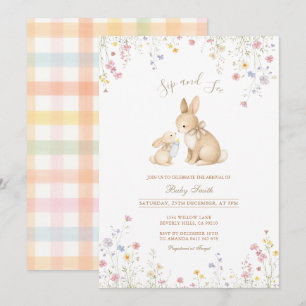 Invitation Lapin Neutre Fleur Sauvage Bébé Sip & See