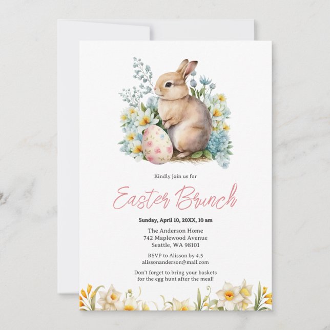 Invitation Lapin & Oeuf Floral (Devant)
