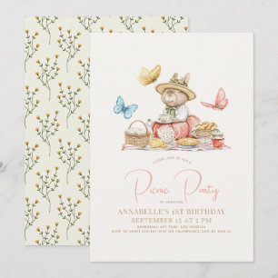 Invitation Lapin & Papillons Pique-nique Fille 1er Anniversai