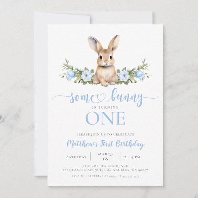 Invitation Lapin Printemps Floral Bleu Quelques Lapin 1er Ann (Devant)