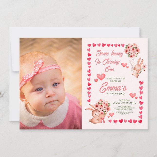 Invitation Lapin rose avec photo premier anniversaire (Devant)