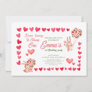 Invitation Lapin rose Floral premier anniversaire