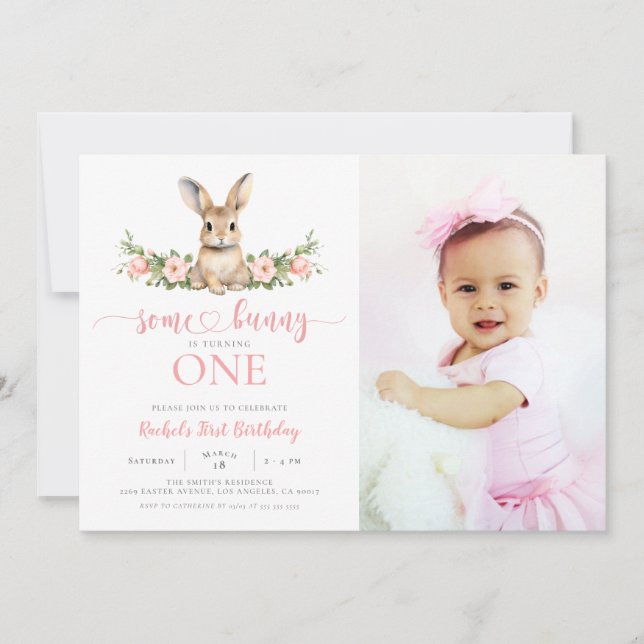 Invitation Lapin rose Floral Un lapin 1er Anniversaire Photo (Devant)