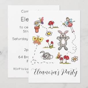 Invitation Lapins, papillons, fleurs et fée personnalisés