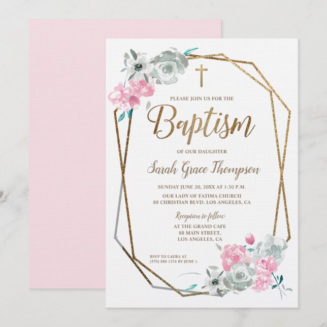 Invitation L'aquarelle de Boho fleurit le baptême de roses (Devant / Derrière)